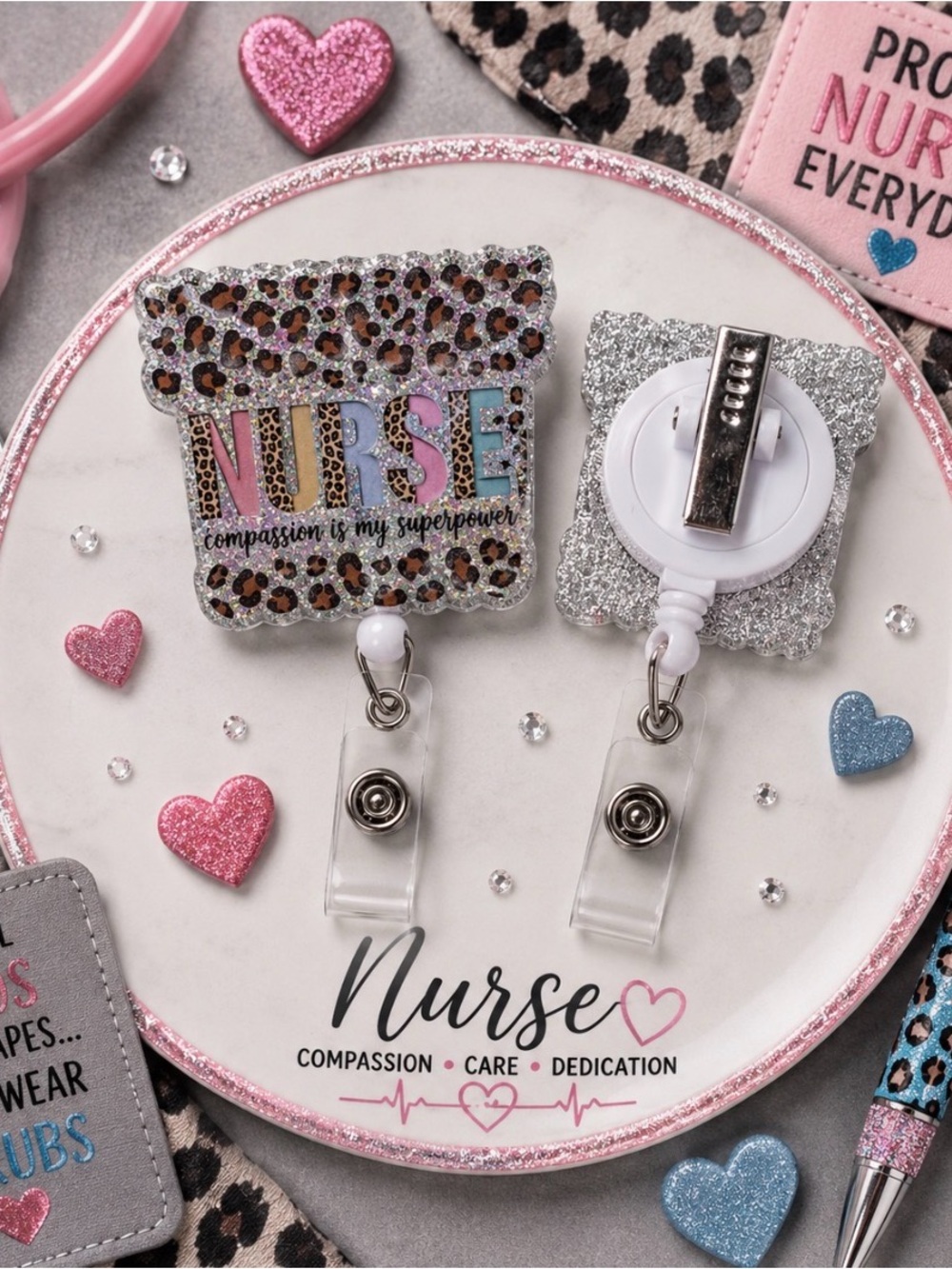 Hand Crafted Nurse Badge Reel with Leopard Print and Pink Accents